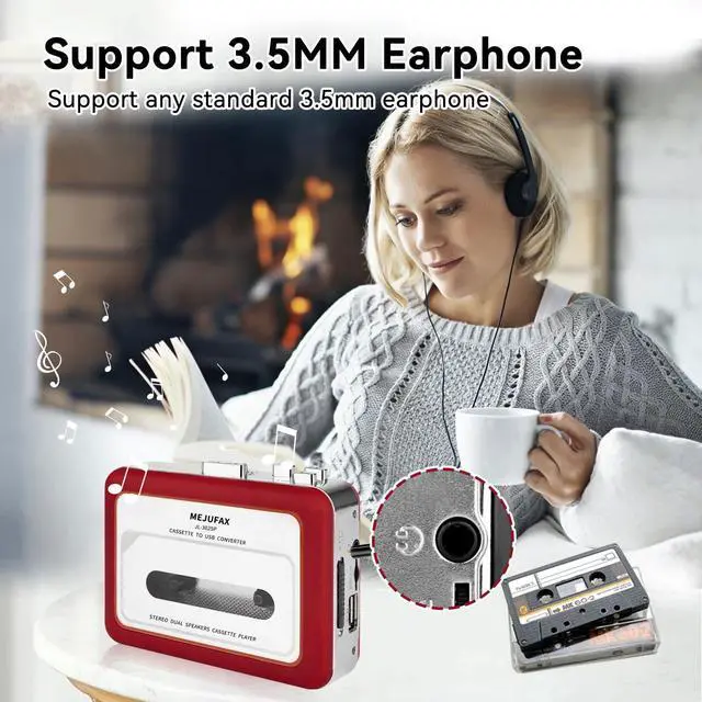 Alt view image 6 of 7 - Cassette Player Recorder, Portable Cassette Tape Player with Built-in Dual Speakers, Auto Reverse, Cassette to MP3 ,Rewind Stereo Cassette Red