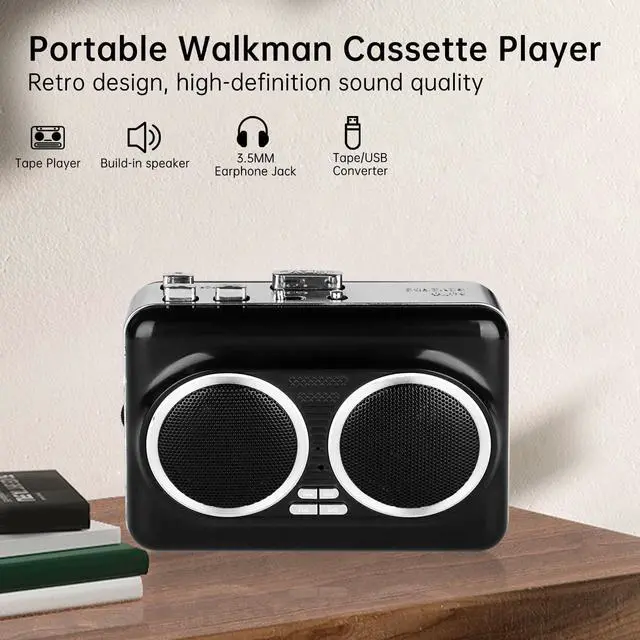 Alt view image 2 of 7 - Cassette Player Recorder, Portable Cassette Tape Player with Built-in Dual Speakers, Auto Reverse, Cassette to MP3 Converter,Rewind Stereo CassetteBlack