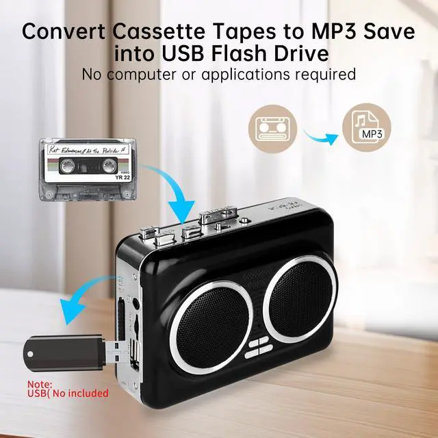 Alt view image 5 of 7 - Cassette Player Recorder, Portable Cassette Tape Player with Built-in Dual Speakers, Auto Reverse, Cassette to MP3 Converter,Rewind Stereo CassetteBlack