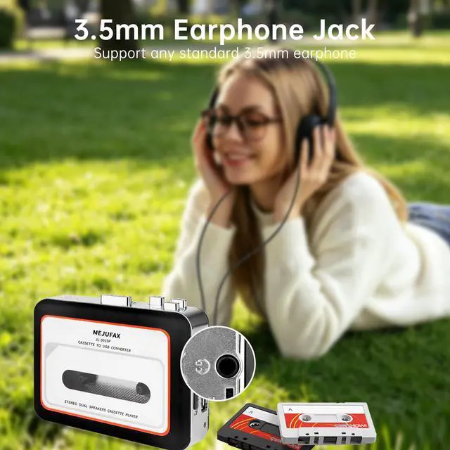Alt view image 6 of 7 - Cassette Player Recorder, Portable Cassette Tape Player with Built-in Dual Speakers, Auto Reverse, Cassette to MP3 Converter,Rewind Stereo CassetteBlack