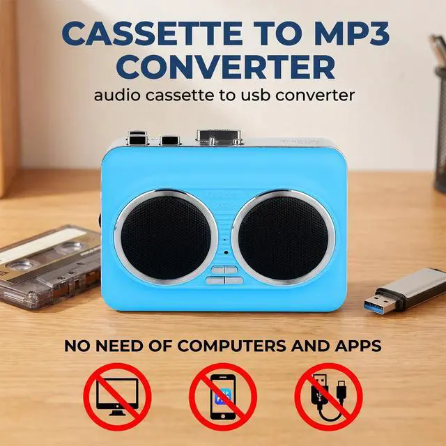 Alt view image 3 of 7 - Cassette Player Recorder, Portable Cassette to MP3 Converter with USB-C, Built-in Speaker, Audio Tape to Digital Converter, Reverse Recording for Stereo Sound Blue