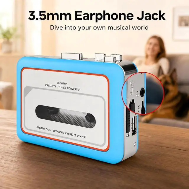 Alt view image 4 of 7 - Cassette Player Recorder, Portable Cassette to MP3 Converter with USB-C, Built-in Speaker, Audio Tape to Digital Converter, Reverse Recording for Stereo Sound Blue