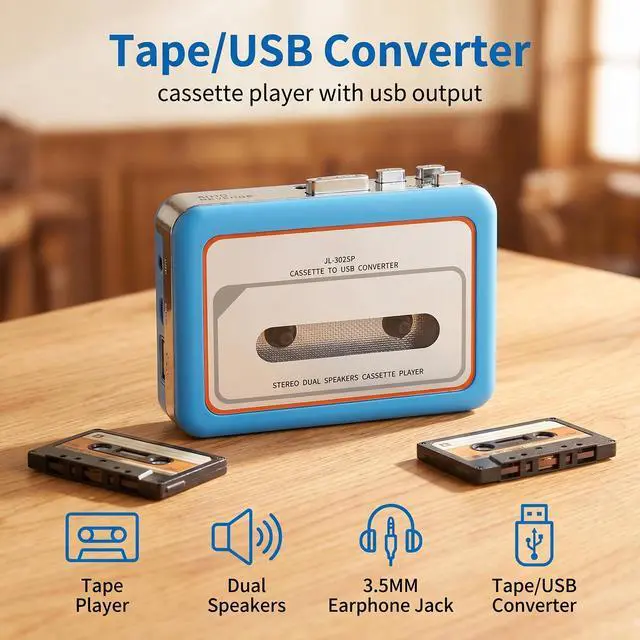 Alt view image 6 of 7 - Cassette Player Recorder, Portable Cassette to MP3 Converter with USB-C, Built-in Speaker, Audio Tape to Digital Converter, Reverse Recording for Stereo Sound Blue