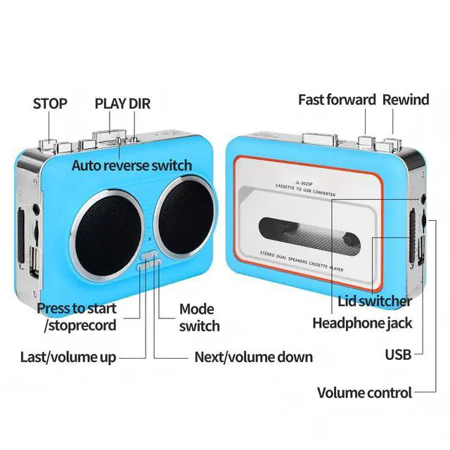 Alt view image 7 of 7 - Cassette Player Recorder, Portable Cassette to MP3 Converter with USB-C, Built-in Speaker, Audio Tape to Digital Converter, Reverse Recording for Stereo Sound Blue