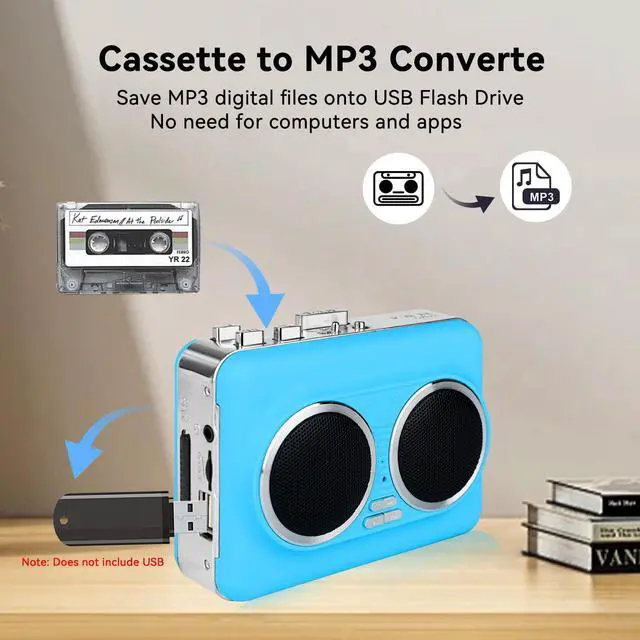 Alt view image 5 of 7 - Cassette Player Recorder, Portable Cassette Tape Player with Built-in Dual Speakers, Auto Reverse, Cassette to MP3 Converter,Rewind Stereo Cassette Blue
