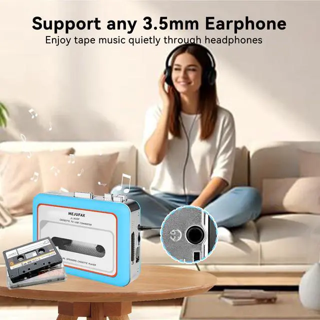 Alt view image 6 of 7 - Cassette Player Recorder, Portable Cassette Tape Player with Built-in Dual Speakers, Auto Reverse, Cassette to MP3 Converter,Rewind Stereo Cassette Blue
