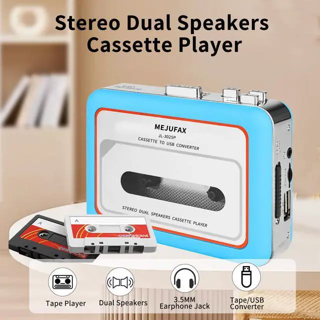 Alt view image 2 of 7 - Cassette Player Recorder, Portable Cassette Tape Player with Built-in Dual Speakers, Auto Reverse, Cassette to MP3 Converter,Rewind Stereo Cassette Blue
