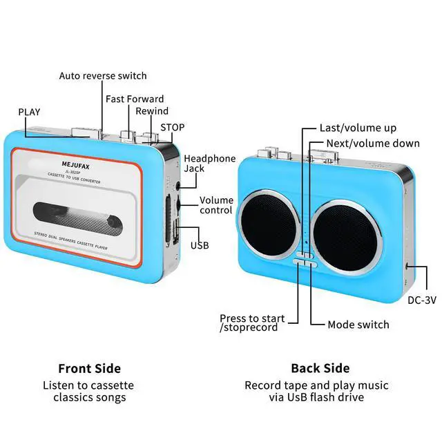 Alt view image 7 of 7 - Cassette Player Recorder, Portable Cassette Tape Player with Built-in Dual Speakers, Auto Reverse, Cassette to MP3 Converter,Rewind Stereo Cassette Blue