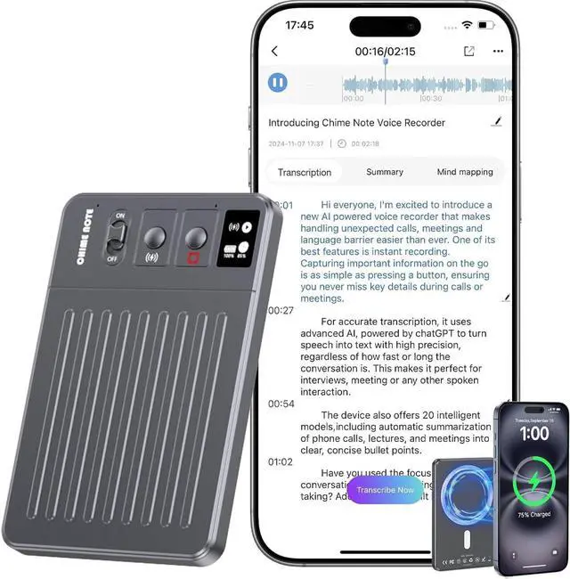 Main image of AI Voice Recorder: 64GB with Free Transcription & AI Summary, APP & Web Control, 121 Languages, Wireless Charging for Meetings