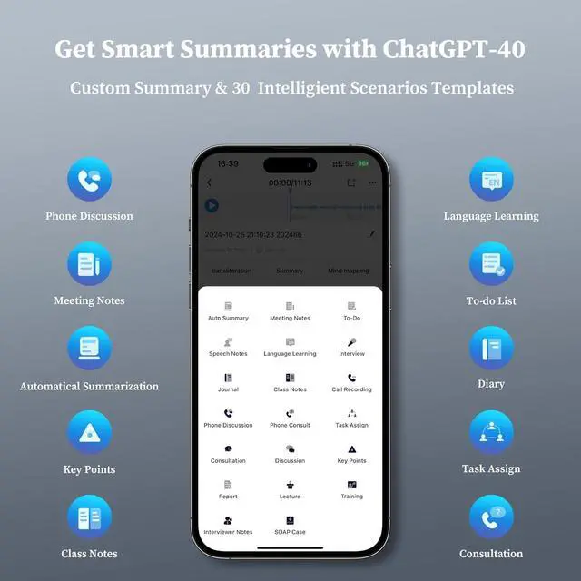 Alt view image 3 of 7 - AI Voice Recorder: 64GB with Free Transcription & AI Summary, APP & Web Control, 121 Languages, Wireless Charging for Meetings