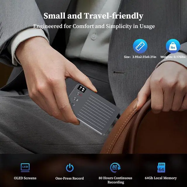 Alt view image 6 of 7 - AI Voice Recorder: 64GB with Free Transcription & AI Summary, APP & Web Control, 121 Languages, Wireless Charging for Meetings