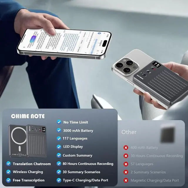 Alt view image 7 of 7 - AI Voice Recorder: 64GB with Free Transcription & AI Summary, APP & Web Control, 121 Languages, Wireless Charging for Meetings
