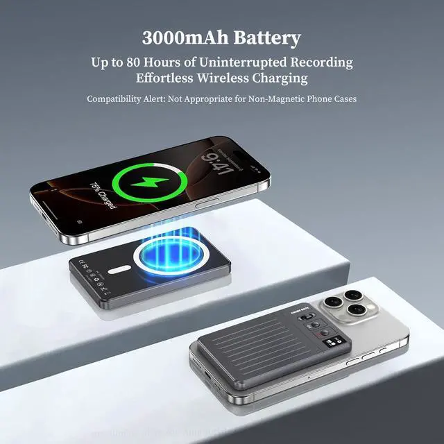 Alt view image 5 of 7 - AI Voice Recorder: 64GB with Free Transcription & AI Summary, APP & Web Control, 121 Languages, Wireless Charging for Meetings