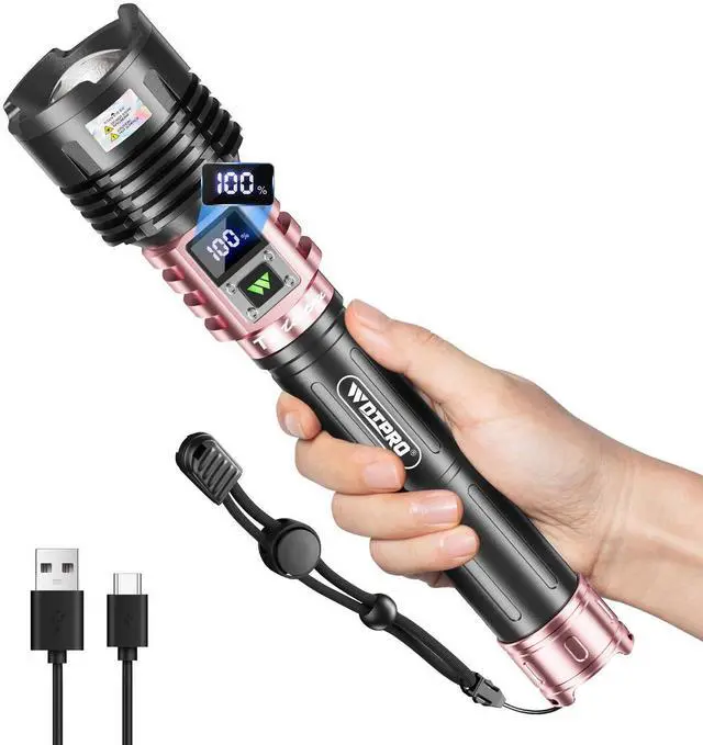 Main image of Rechargeable LED Flashlights High Lumens, Super Bright 90000LM Rechargeable Flashlight with LCD Display, 5 Modes & Waterproof Powerful 10000mAh Handheld Flashlight for Camping Emergency Pink
