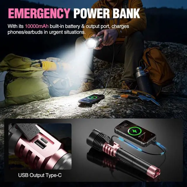 Alt view image 3 of 7 - Rechargeable LED Flashlights High Lumens, Super Bright 90000LM Rechargeable Flashlight with LCD Display, 5 Modes & Waterproof Powerful 10000mAh Handheld Flashlight for Camping Emergency Pink