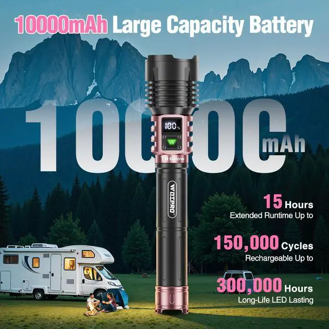 Alt view image 5 of 7 - Rechargeable LED Flashlights High Lumens, Super Bright 90000LM Rechargeable Flashlight with LCD Display, 5 Modes & Waterproof Powerful 10000mAh Handheld Flashlight for Camping Emergency Pink