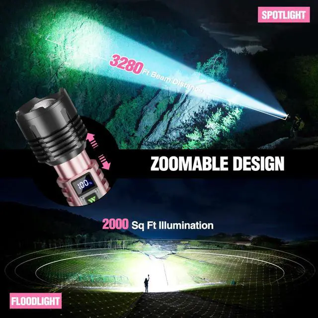 Alt view image 6 of 7 - Rechargeable LED Flashlights High Lumens, Super Bright 90000LM Rechargeable Flashlight with LCD Display, 5 Modes & Waterproof Powerful 10000mAh Handheld Flashlight for Camping Emergency Pink