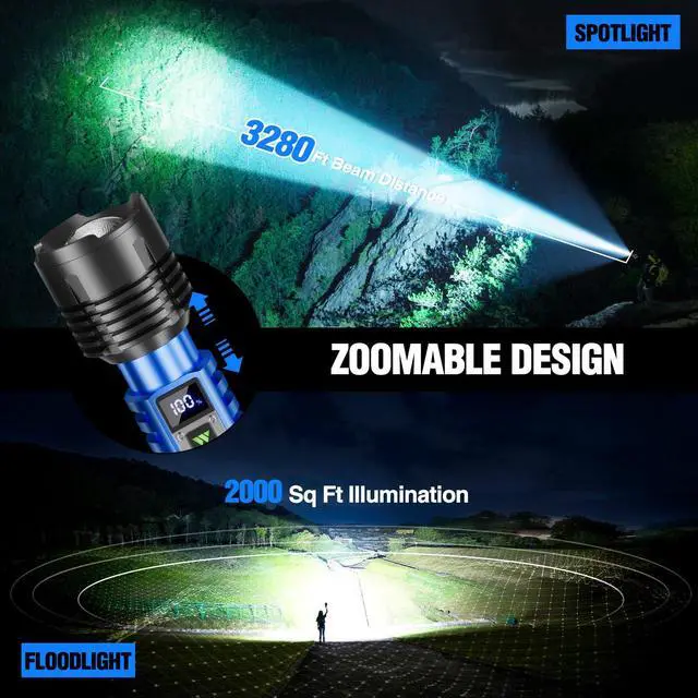 Alt view image 3 of 7 - Rechargeable LED Flashlights High Lumens, Super Bright 90000LM Rechargeable Flashlight with LCD Display, 5 Modes & Waterproof Powerful 10000mAh Handheld Flashlight for Camping Emergency Blue