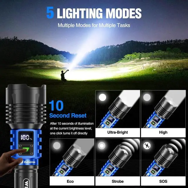 Alt view image 4 of 7 - Rechargeable LED Flashlights High Lumens, Super Bright 90000LM Rechargeable Flashlight with LCD Display, 5 Modes & Waterproof Powerful 10000mAh Handheld Flashlight for Camping Emergency Blue