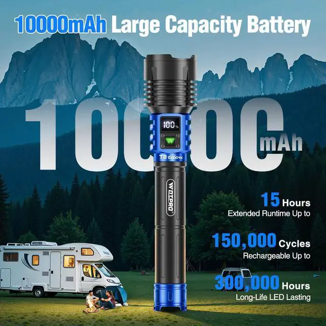 Alt view image 5 of 7 - Rechargeable LED Flashlights High Lumens, Super Bright 90000LM Rechargeable Flashlight with LCD Display, 5 Modes & Waterproof Powerful 10000mAh Handheld Flashlight for Camping Emergency Blue