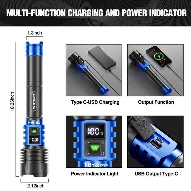 Alt view image 6 of 7 - Rechargeable LED Flashlights High Lumens, Super Bright 90000LM Rechargeable Flashlight with LCD Display, 5 Modes & Waterproof Powerful 10000mAh Handheld Flashlight for Camping Emergency Blue