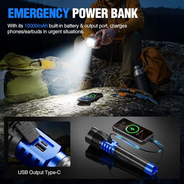 Alt view image 7 of 7 - Rechargeable LED Flashlights High Lumens, Super Bright 90000LM Rechargeable Flashlight with LCD Display, 5 Modes & Waterproof Powerful 10000mAh Handheld Flashlight for Camping Emergency Blue