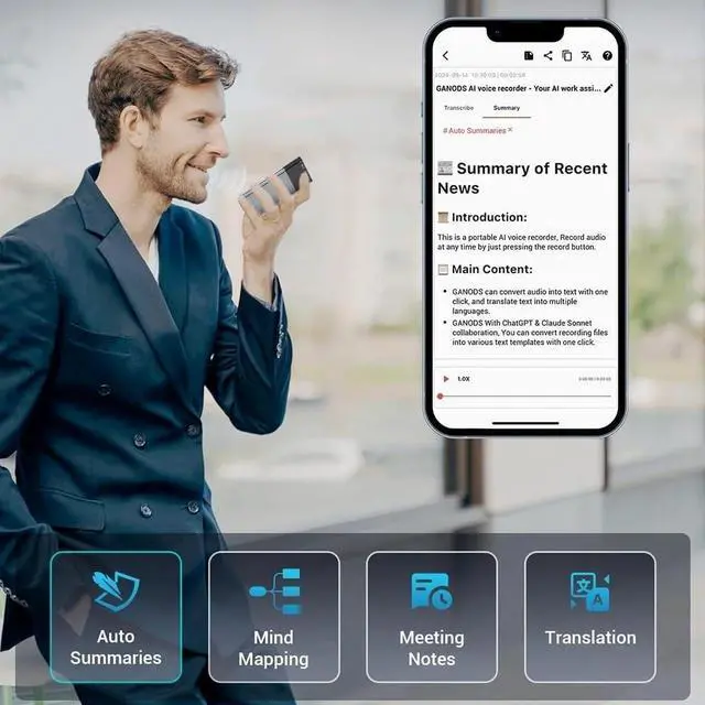 Alt view image 2 of 7 - 128GB AI Voice Recorder, Note Voice Recorder - Transcribe & Summarize, AI Noise Cancellation Technology, Supports 118 Languages, APP Control Audio Recorder for Lectures, Meetings, Calls