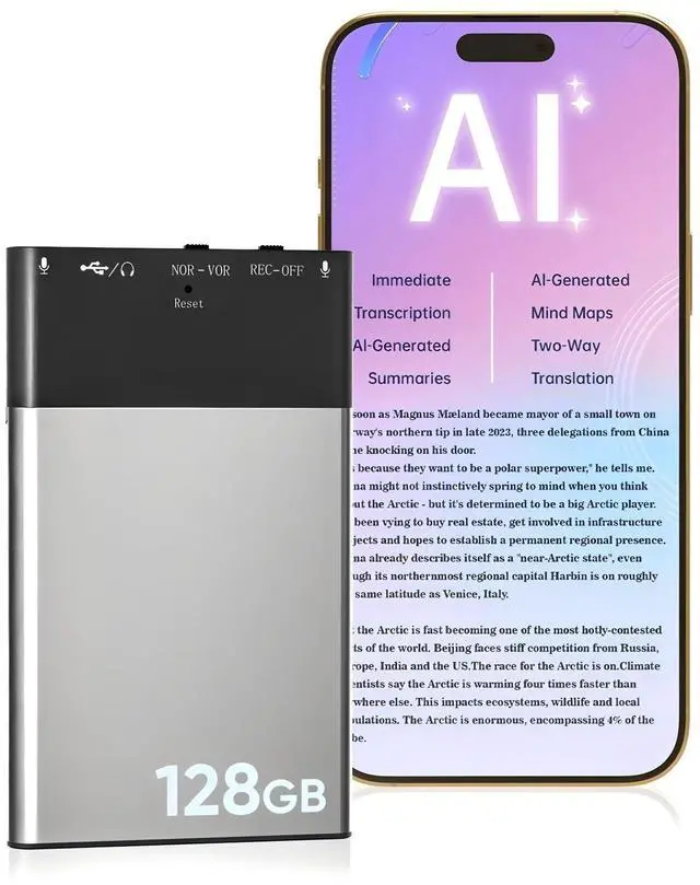 Main image of 128GB AI Voice Recorder, Note Voice Recorder - Transcribe & Summarize, AI Noise Cancellation Technology, Supports 118 Languages, APP Control Audio Recorder for Lectures, Meetings, Calls