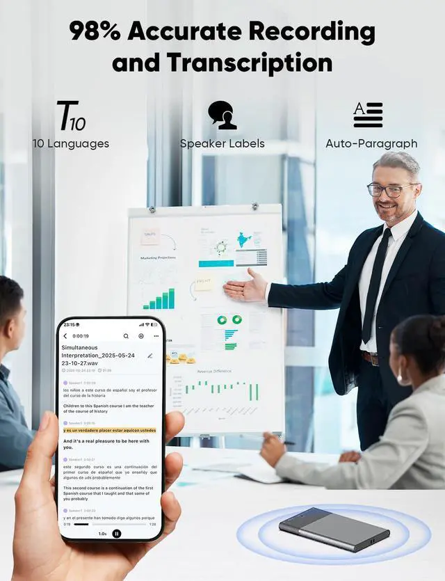 Alt view image 3 of 7 - 128GB AI Voice Recorder, Note Voice Recorder - Transcribe & Summarize, AI Noise Cancellation Technology, Supports 118 Languages, APP Control Audio Recorder for Lectures, Meetings, Calls