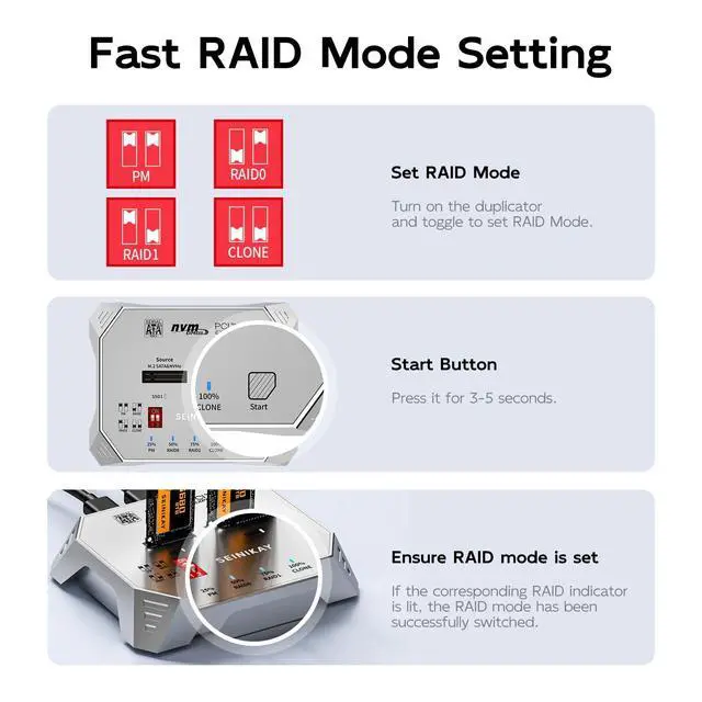 Alt view image 4 of 7 - M.2 Cloner for NVMe SATA SSD, NVMe Raid Enclosure with RAID 0/RAID 1/PM/JBOD Mode , 20Gbps Dual NVMe Enclosure, Design for 22110 2280 2260 2242 2230 Size