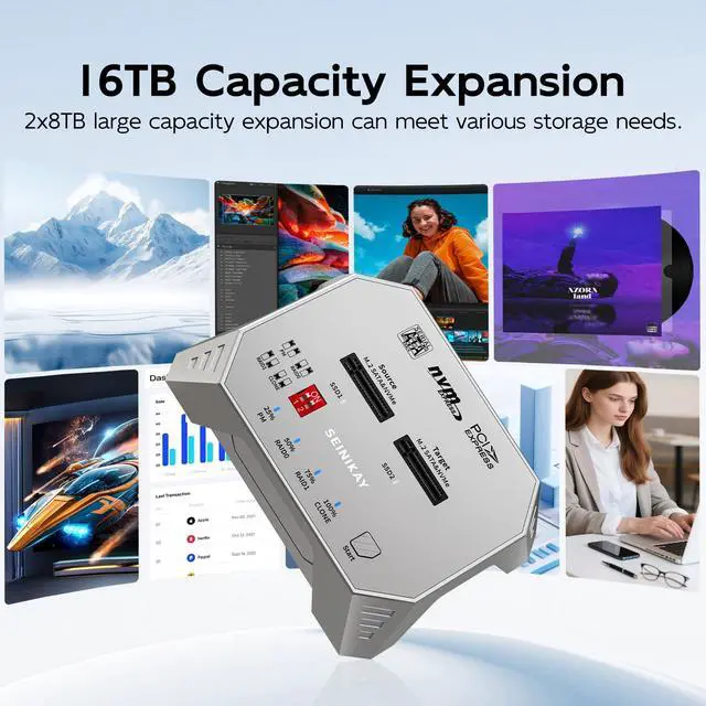 Alt view image 7 of 7 - M.2 Cloner for NVMe SATA SSD, NVMe Raid Enclosure with RAID 0/RAID 1/PM/JBOD Mode , 20Gbps Dual NVMe Enclosure, Design for 22110 2280 2260 2242 2230 Size
