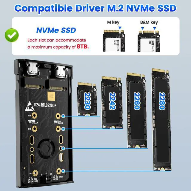 Alt view image 4 of 7 - Dual Bay Raid SSD Enclosure, 20Gbps M.2 NVMe SSD Enclosure with Clone Mode & Raid 0/1 & JBOD Mode, Compatible to NVMe & SATA, Offline Duplicator