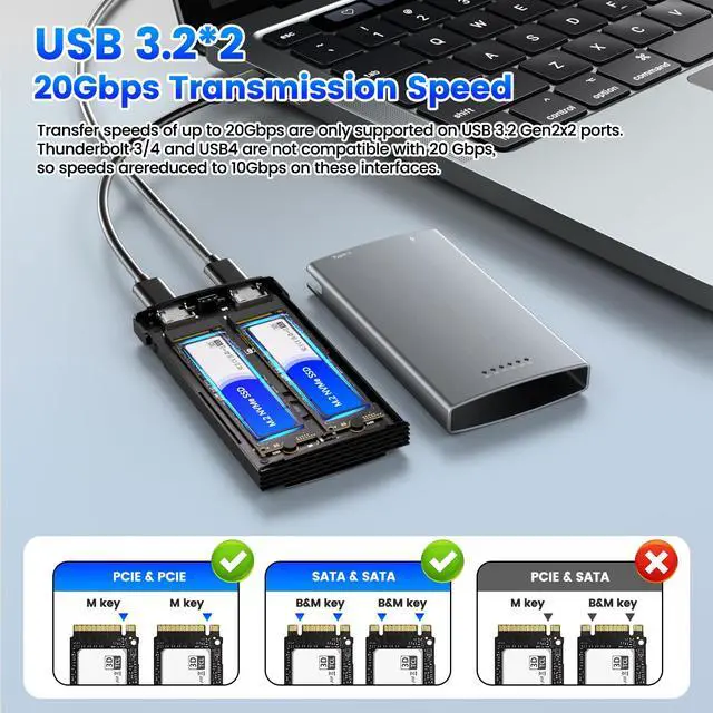 Alt view image 2 of 7 - Dual Bay Raid SSD Enclosure, 20Gbps M.2 NVMe SSD Enclosure with Clone Mode & Raid 0/1 & JBOD Mode, Compatible to NVMe & SATA, Offline Duplicator