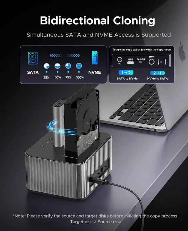Alt view image 3 of 7 - Hard Drive Docking Station 10Gbps for NVMe SSD & SATA 3.5 HDD with Bidirectional Cloning Type-C Hybrid Docking Station with Independent Aluminum Heat Sink