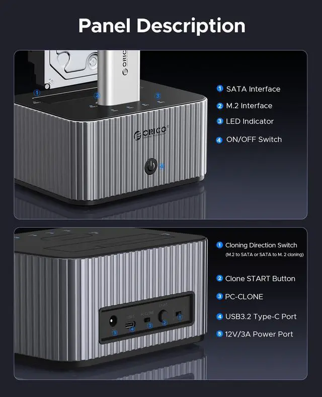 Alt view image 7 of 7 - Hard Drive Docking Station 10Gbps for NVMe SSD & SATA 3.5 HDD with Bidirectional Cloning Type-C Hybrid Docking Station with Independent Aluminum Heat Sink