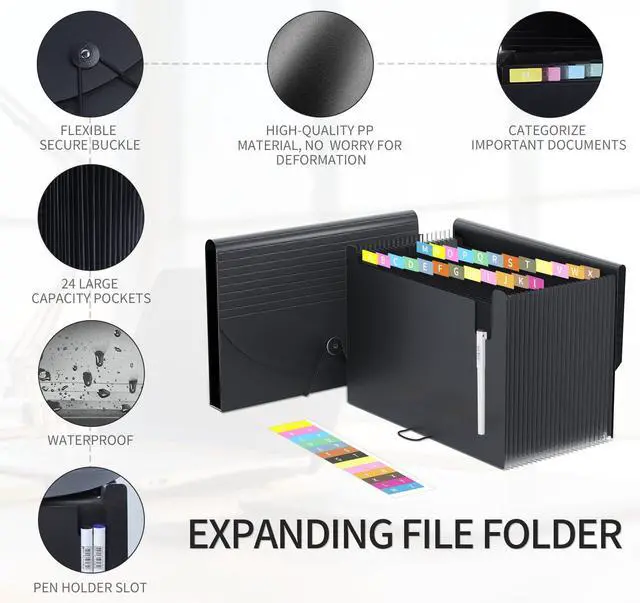Alt view image 2 of 7 - 24 Pockets Expanding File Folder,Accordion File Organizer,Document Organizer Letter Size,Expandable Filing Box,Special Designed for Portable Use,Accordian Folders,Plastic (Black)