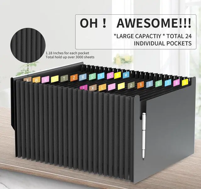 Alt view image 5 of 7 - 24 Pockets Expanding File Folder,Accordion File Organizer,Document Organizer Letter Size,Expandable Filing Box,Special Designed for Portable Use,Accordian Folders,Plastic (Black)