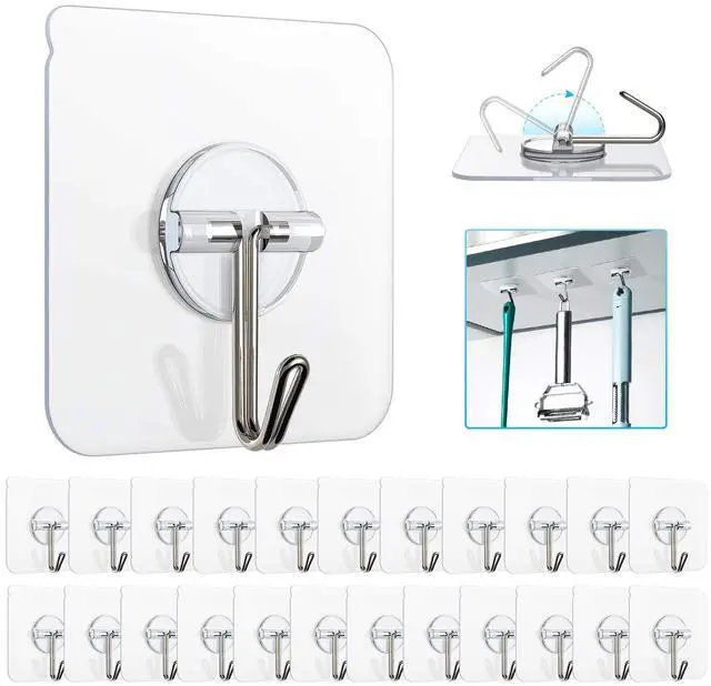 Main image of Removable Wall Hooks - 13 LB Ceiling Hooks, Transparent, Seamless, Waterproof & Oil Proof for Kitchen, Bathroom, Office & Window - 24 Pack