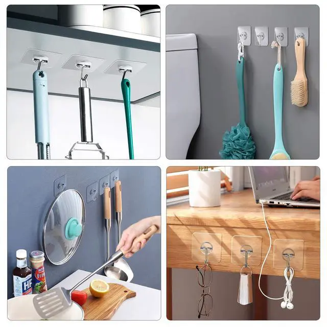Alt view image 2 of 7 - Removable Wall Hooks - 13 LB Ceiling Hooks, Transparent, Seamless, Waterproof & Oil Proof for Kitchen, Bathroom, Office & Window - 24 Pack