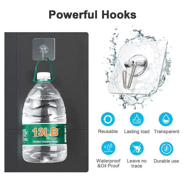 Alt view image 4 of 7 - Removable Wall Hooks - 13 LB Ceiling Hooks, Transparent, Seamless, Waterproof & Oil Proof for Kitchen, Bathroom, Office & Window - 24 Pack