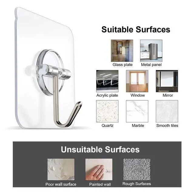 Alt view image 5 of 7 - Removable Wall Hooks - 13 LB Ceiling Hooks, Transparent, Seamless, Waterproof & Oil Proof for Kitchen, Bathroom, Office & Window - 24 Pack