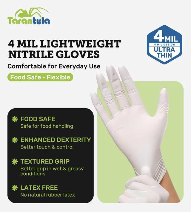 Alt view image 2 of 6 - 4 Mil Disposable Nitrile Gloves, White, Medium, Food Safe, Powder-Free