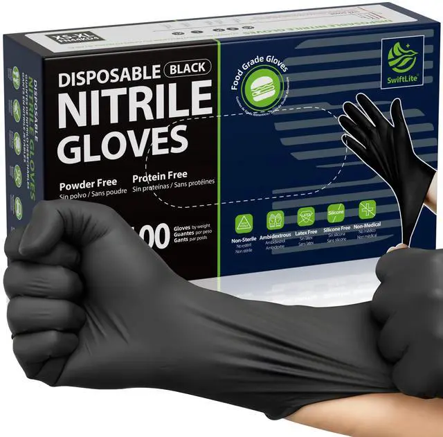 Main image of Nitrile Gloves Disposable Latex Free, 4 Mil Black Food Grade Powder Free Rubber Gloves for BBQ, Cooking, Cleaning (100, Medium)