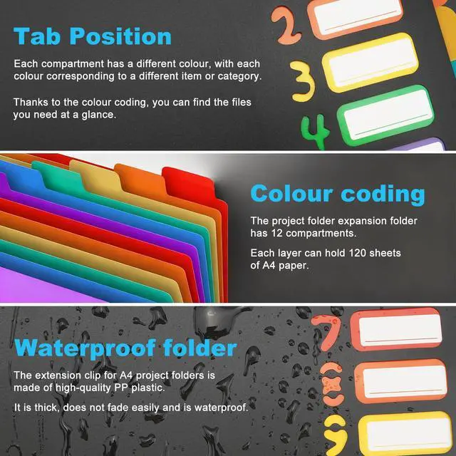 Alt view image 2 of 7 - 1 Pack Expanding File Folder with 12 Pockets: A4 Accordion Document Organizer with Elastic Closure & Rainbow Tabs, Portable PP Plastic File Holder for Office, School, Home (Black-1 Pack)