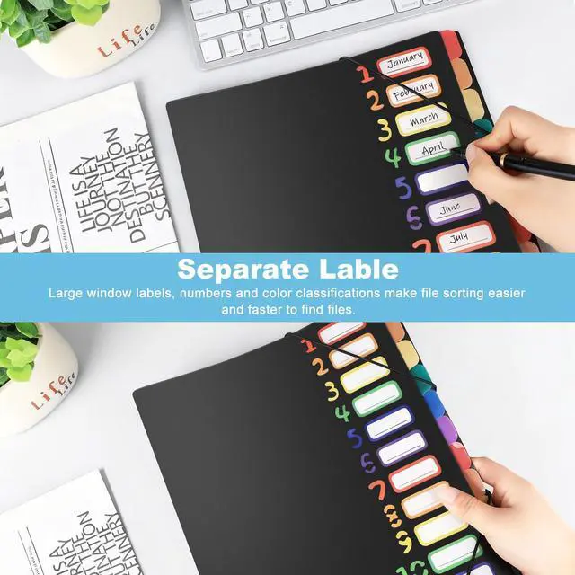 Alt view image 3 of 7 - 1 Pack Expanding File Folder with 12 Pockets: A4 Accordion Document Organizer with Elastic Closure & Rainbow Tabs, Portable PP Plastic File Holder for Office, School, Home (Black-1 Pack)