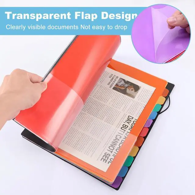 Alt view image 4 of 7 - 1 Pack Expanding File Folder with 12 Pockets: A4 Accordion Document Organizer with Elastic Closure & Rainbow Tabs, Portable PP Plastic File Holder for Office, School, Home (Black-1 Pack)