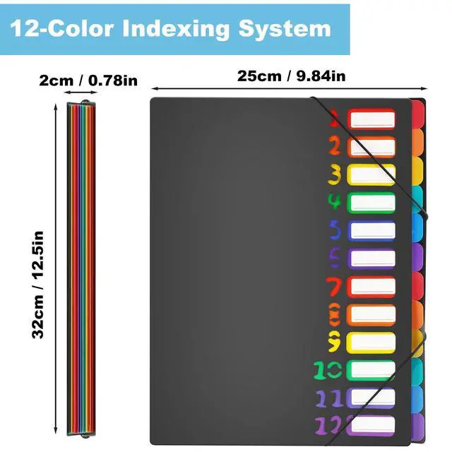 Alt view image 6 of 7 - 1 Pack Expanding File Folder with 12 Pockets: A4 Accordion Document Organizer with Elastic Closure & Rainbow Tabs, Portable PP Plastic File Holder for Office, School, Home (Black-1 Pack)