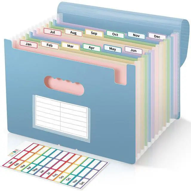 Main image of Expanding File Folder with 13 Pockets, Accordion Document Organizer with Monthly Labels, A4 & Letter Size for Tax Records, Medical Files, Receipts, Home of Haze Blue