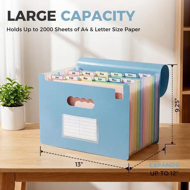 Alt view image 4 of 7 - Expanding File Folder with 13 Pockets, Accordion Document Organizer with Monthly Labels, A4 & Letter Size for Tax Records, Medical Files, Receipts, Home of Haze Blue