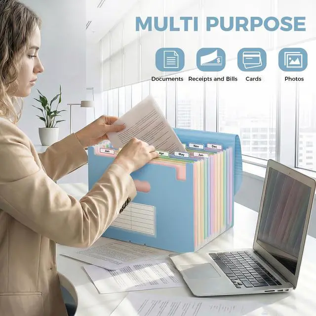 Alt view image 5 of 7 - Expanding File Folder with 13 Pockets, Accordion Document Organizer with Monthly Labels, A4 & Letter Size for Tax Records, Medical Files, Receipts, Home of Haze Blue